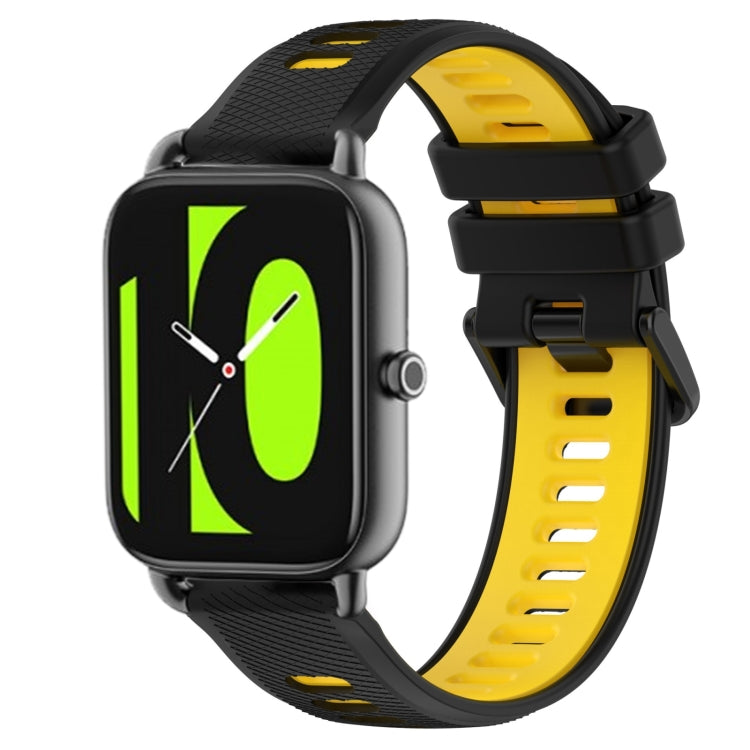 22mm two-color silicone watch band in black with yellow accents, secure buckle.