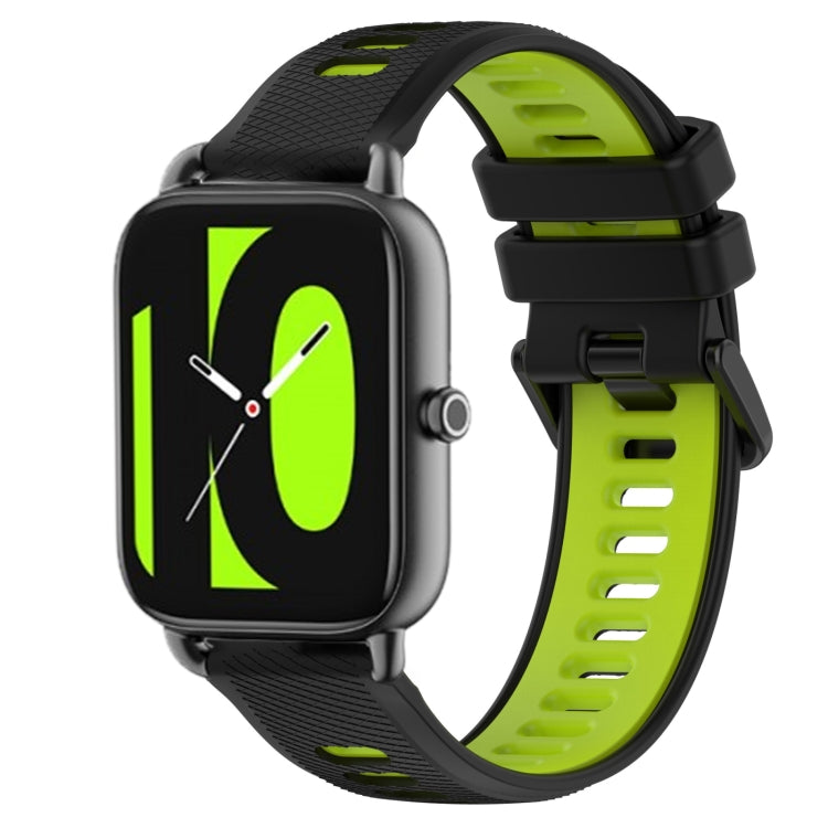 22mm two-color silicone watch band in black with green accents, secure buckle.