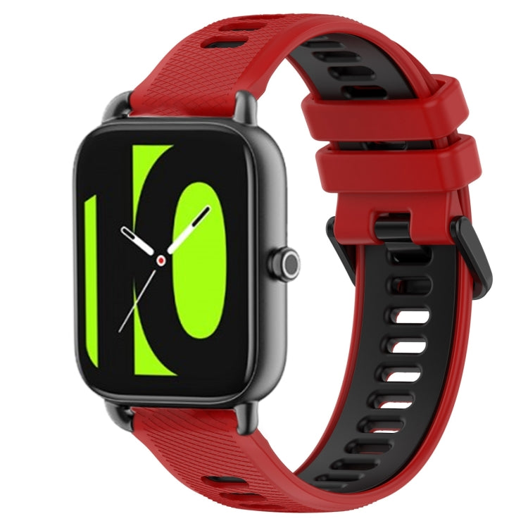 22mm two-color silicone watch band in red with black accents, secure buckle.