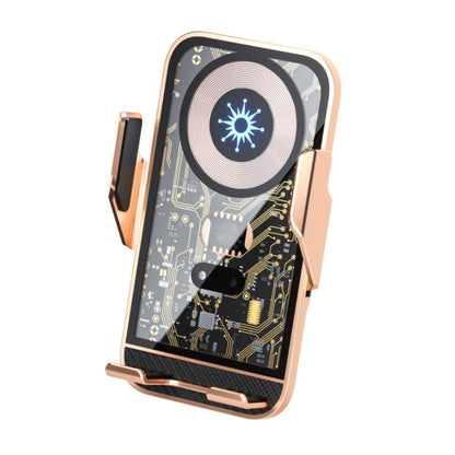 Golden car phone wireless charger stand with circular infrared sensor and clamp arms