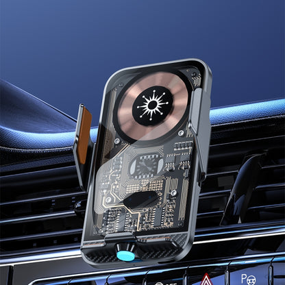 Gray transparent Type-C wireless car charger stand with open clamping arm.