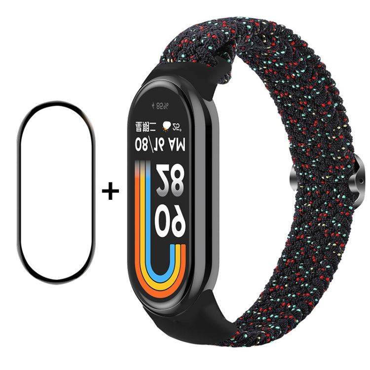 Smartwatch screen protector and black red speckled braided nylon band set for Mi Band 8