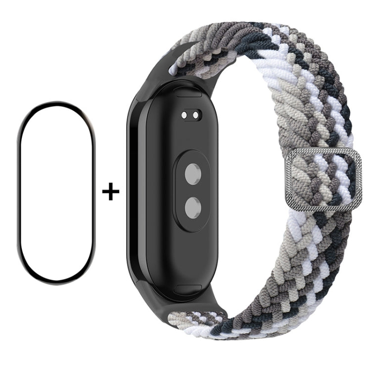 Full coverage screen protector and elastic braided nylon watch band set, black and gray