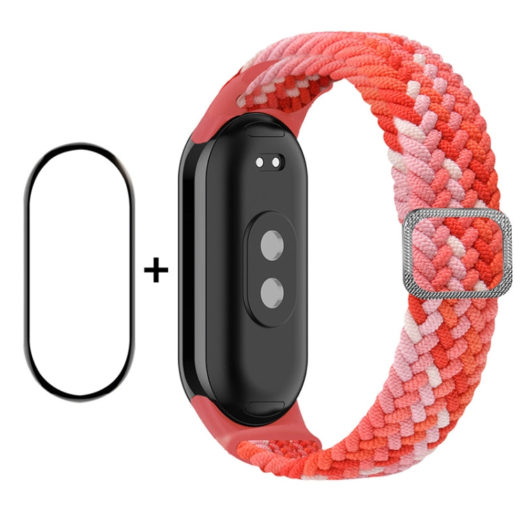 Full coverage screen protector and elastic braided nylon watch band set, pink and orange