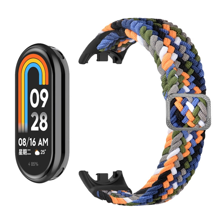Elastic braided nylon watch band with multicolor pattern and smartwatch display