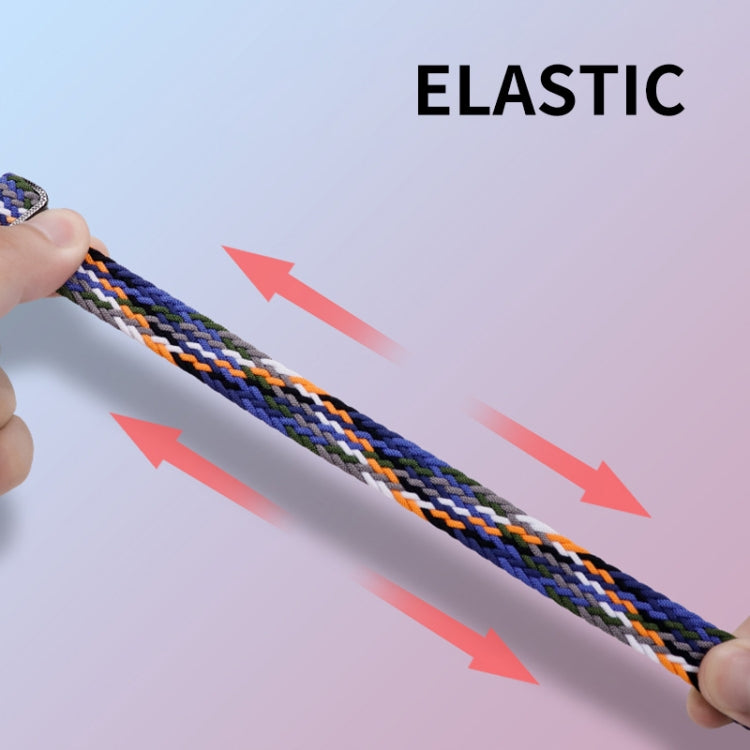 Elastic braided nylon watch band with blue, gray, and orange striped weave