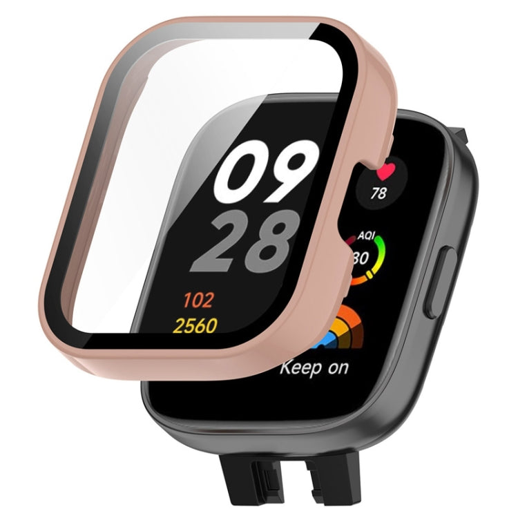 Pink full-coverage PC watch case with tempered glass screen protector for Redmi Watch