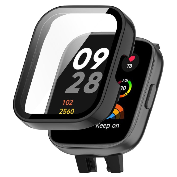 Black full-coverage PC watch case with tempered glass screen protector for Redmi Watch