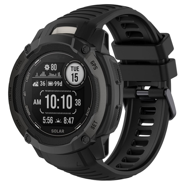 Black silicone sports watch band with vented strap and adjustable clasp