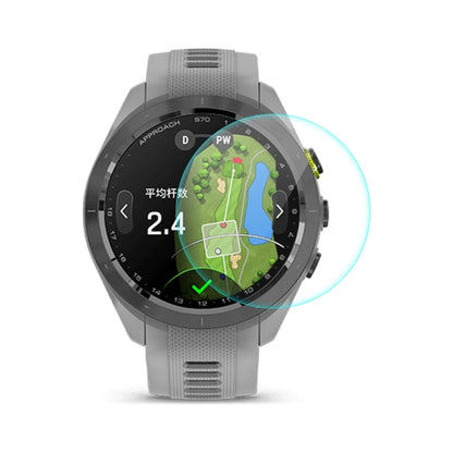 Tempered glass watch screen protector on grey smartwatch, full coverage over touchscreen