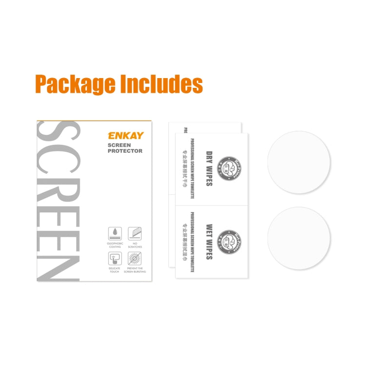 ENKAY 2-pack tempered glass screen protector packaging with included accessories