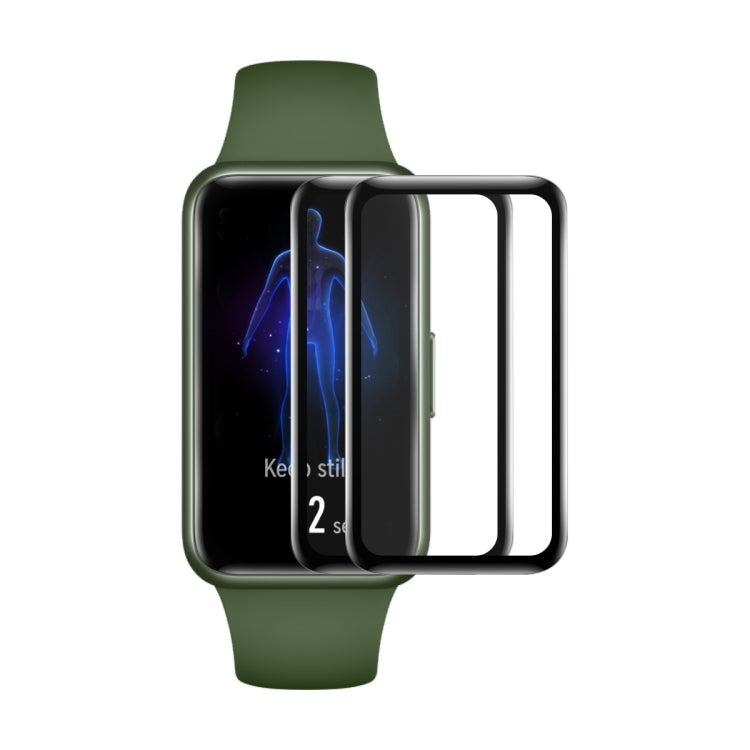 2-pack curved smartwatch screen protectors on dark green watch, clear full coverage