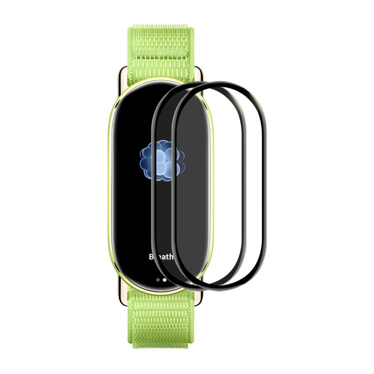 2-pack curved smartwatch screen protectors on green watch strap, clear full coverage