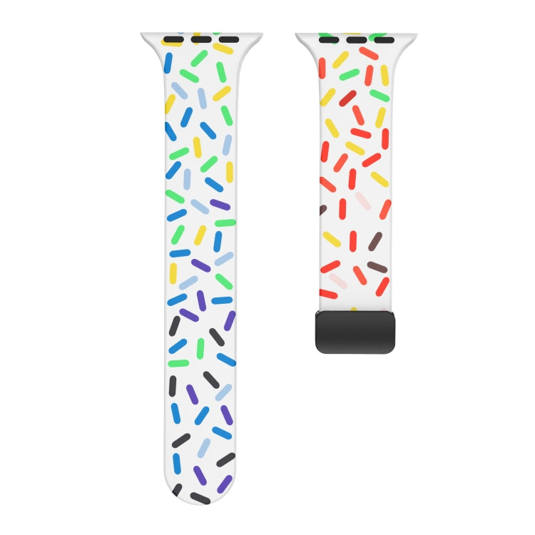 Two-piece white silicone watch bands with rainbow dots and black magnetic clasp