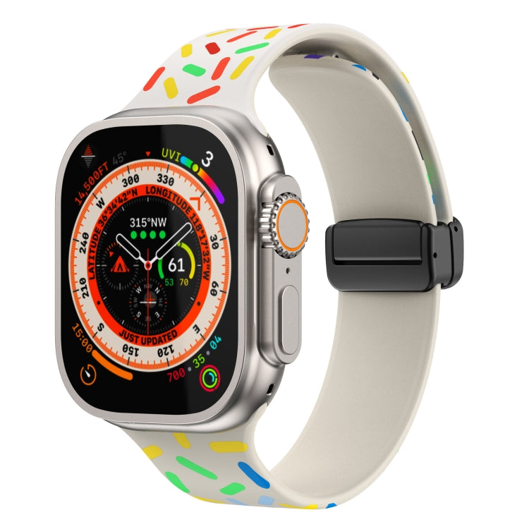 Silicone watch band with rainbow dot print, light gray strap and magnetic buckle