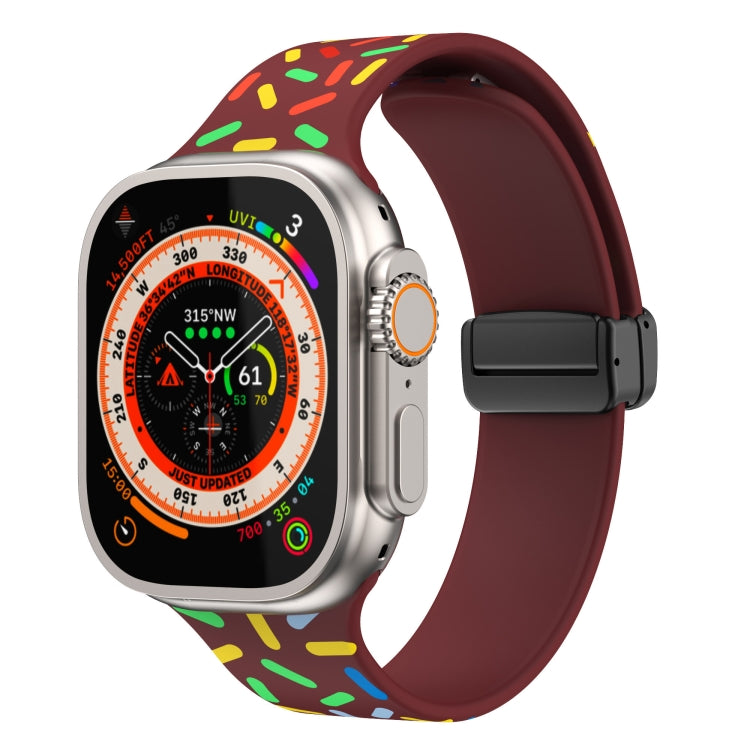 Silicone watch band with rainbow dot print, burgundy strap and magnetic buckle