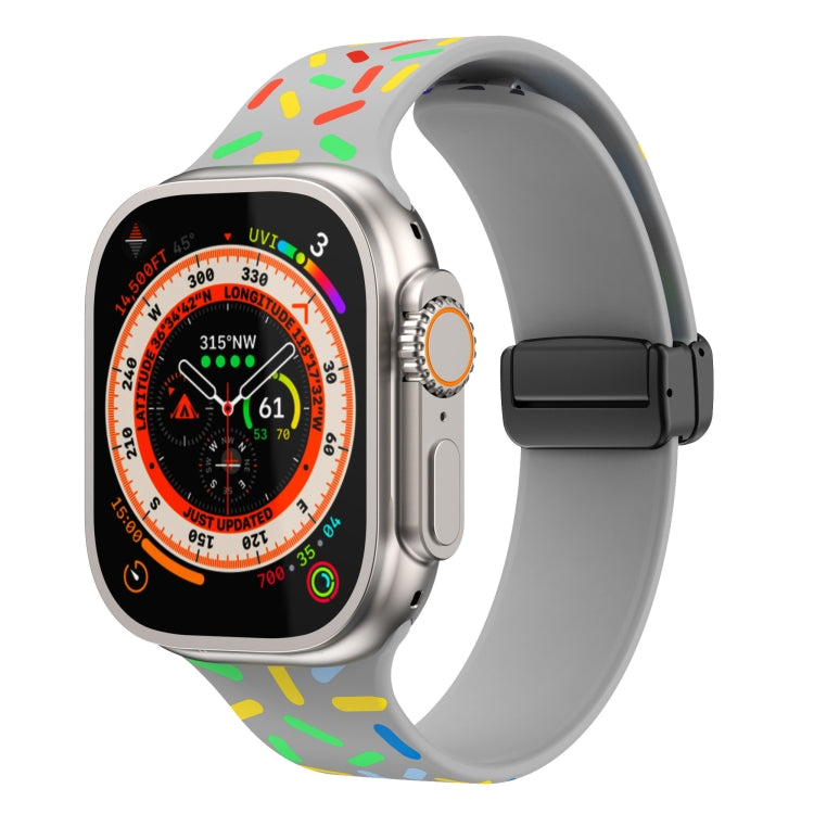 Silicone watch band with rainbow dot print, gray strap and magnetic buckle