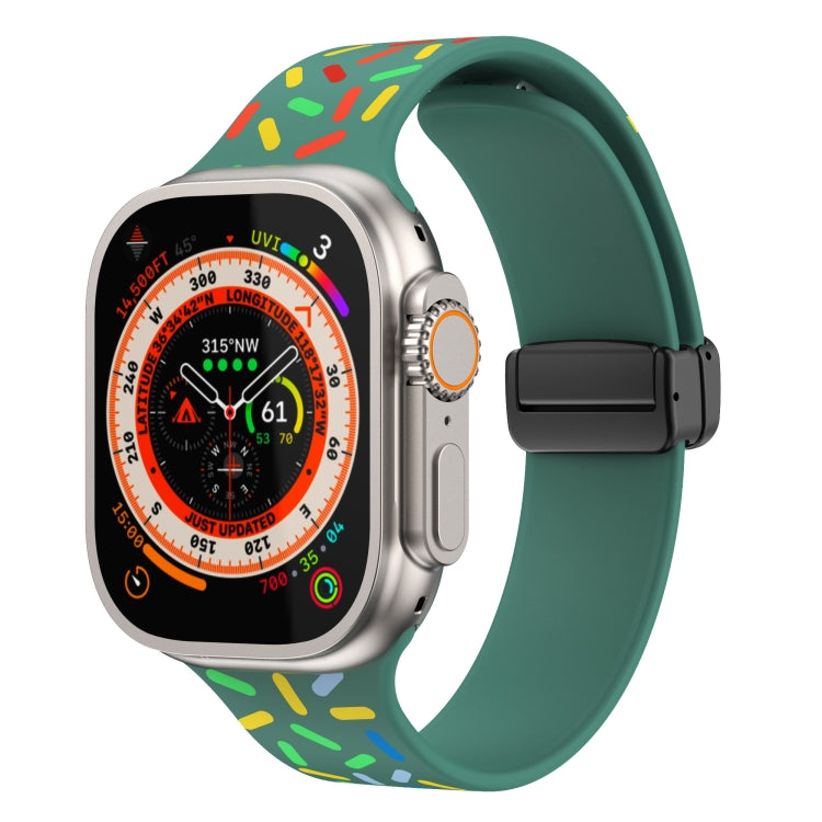 Green silicone watch band with rainbow dot print and magnetic buckle for Apple Watch