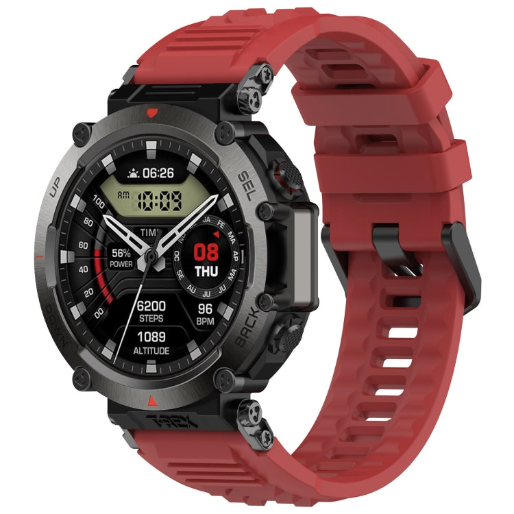 Silicone sports watch band, red with ridged strap and ventilated clasp