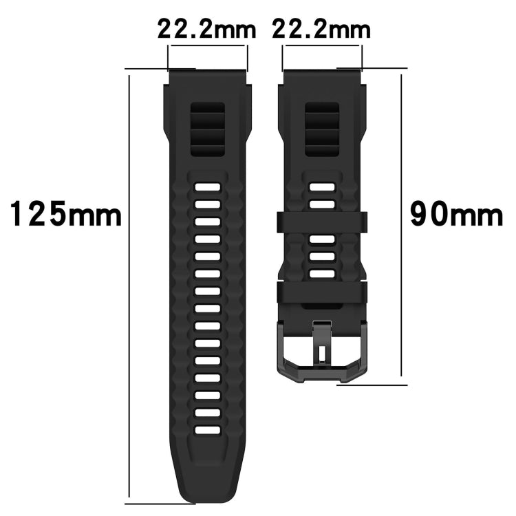 Black silicone sports watch band dimensions: 22.2mm width, 125mm length, 90mm view