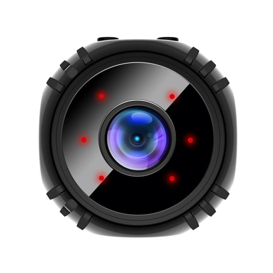 Black mini surveillance camera with circular lens and red infrared LED indicators