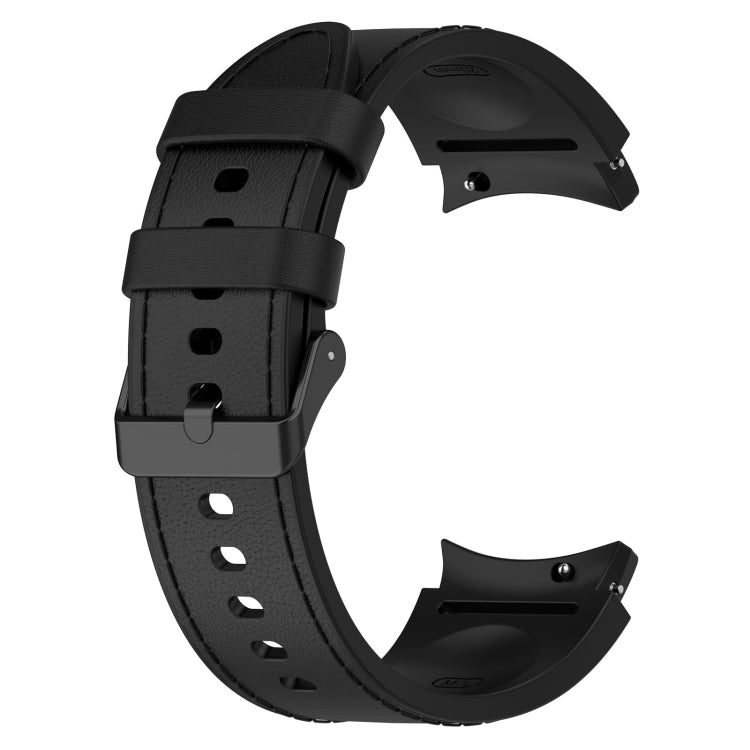 Black silicone leather watch band with buckle strap and stitched perforations