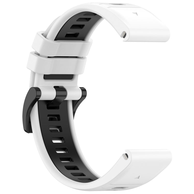Two-color silicone watch band, white outer band with black inner strap and buckle.