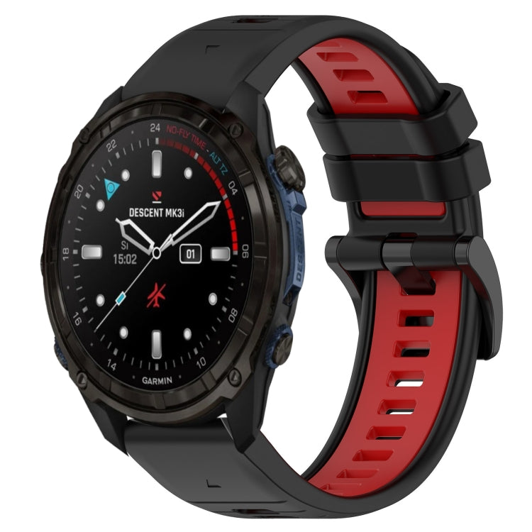 Two-color silicone watch band, black outer band with red inner strap and buckle.