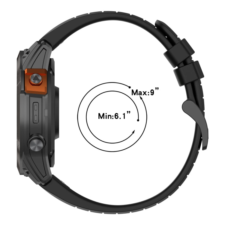 Black silicone watch band with size range: Min 6.1 in, Max 9 in