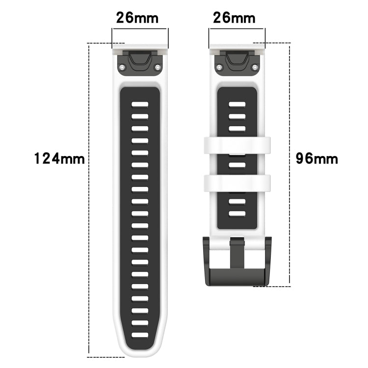 Silicone watch band size chart with band widths 26mm and lengths 124mm and 96mm.