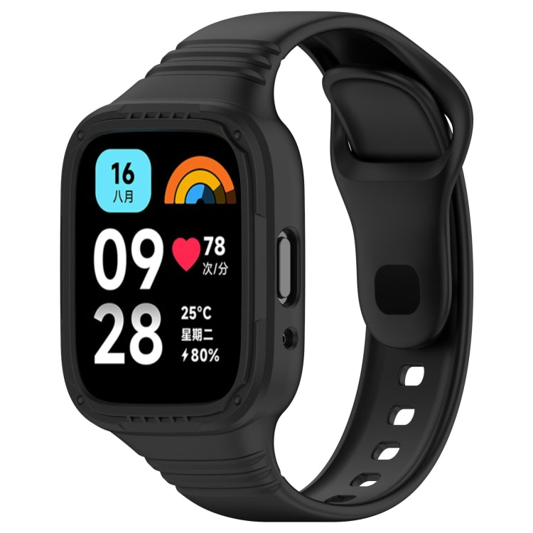 Black integrated silicone watch band with fully enclosed case and perforated strap