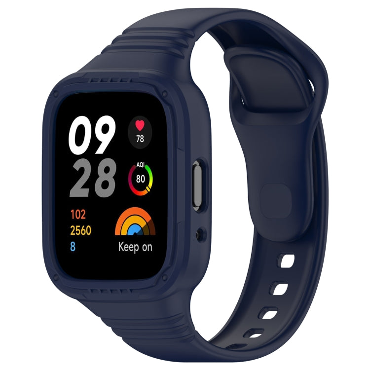 Integrated silicone watch band, dark blue strap with perforations and fully enclosed design