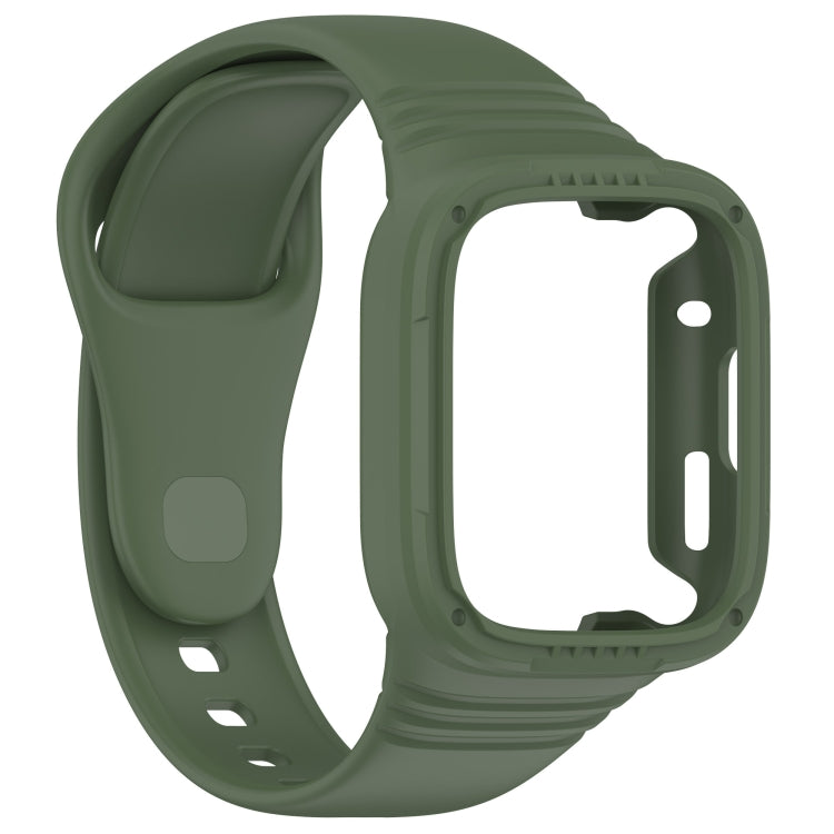 Dark green silicone fully enclosed watch band, showing back strap and case opening