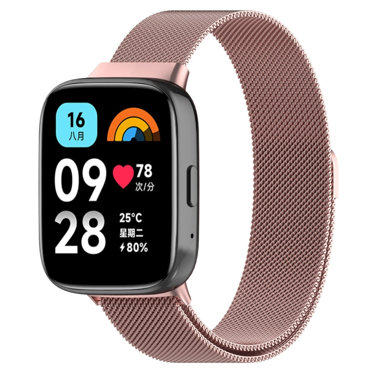 Milan magnetic steel mesh watch band in rose pink, magnetic clasp and slim metal mesh