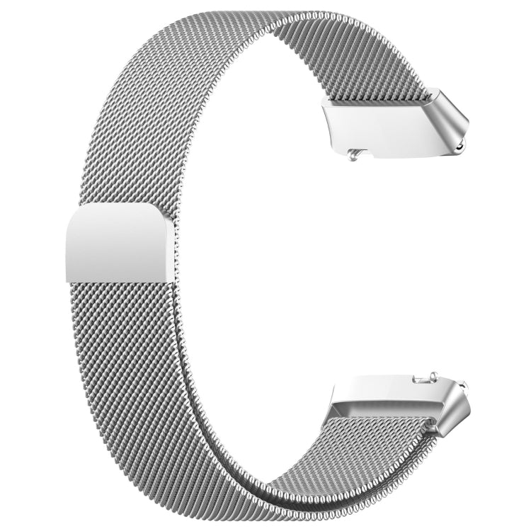 Silver steel mesh magnetic watch band, curved view with connector buckles