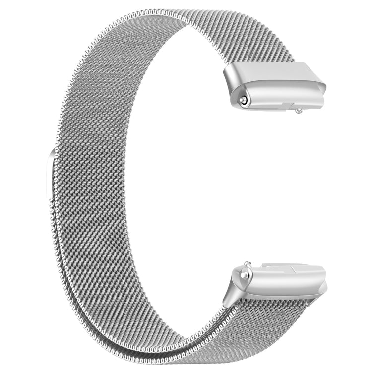 Silver metal mesh magnetic watch band with clasp centered on the band