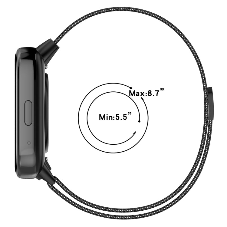 Magnetic steel mesh watch band with black clasp, braided metal mesh strap