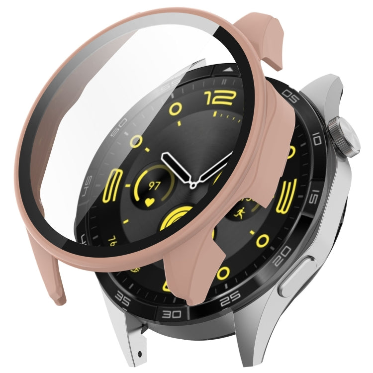 Rose pink tempered film integrated protective case on black 46mm watch, angled view