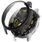 Black tempered film integrated protective case on black 46mm watch, angled view