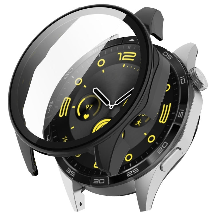 Black tempered film integrated protective case on black 46mm watch, angled view