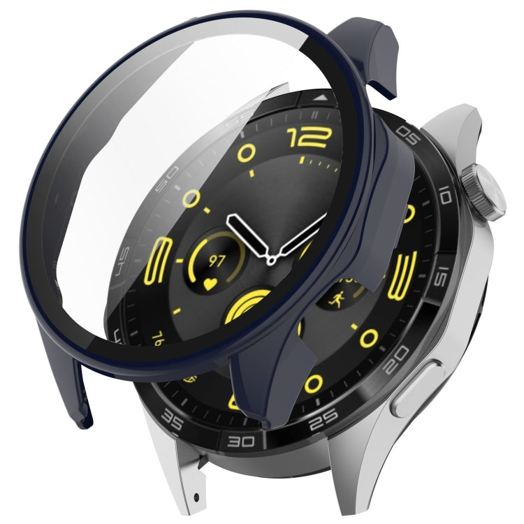 Blue tempered film integrated protective case on black 46mm watch, angled view