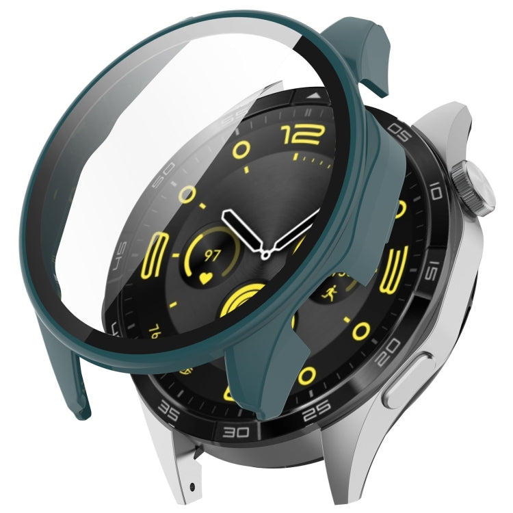Teal tempered film integrated protective case on black 46mm watch, angled view