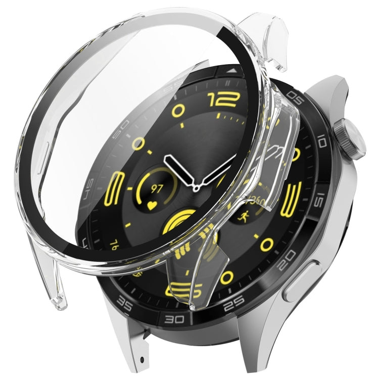 Transparent tempered film integrated protective case on black 46mm watch, angled view