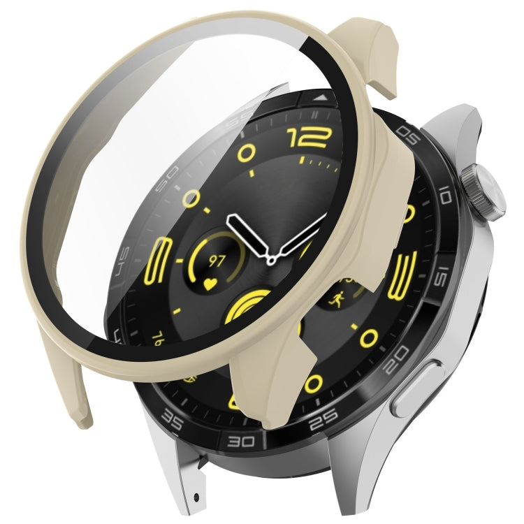 Ivory white tempered film integrated protective case on black 46mm watch, angled view