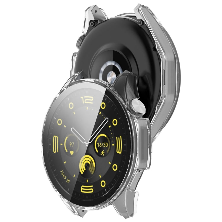 Clear PC protective watch case with integrated tempered film on black smartwatch, side view