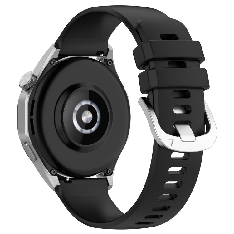 Glossy silicone watch band with buckle, black strap with holes for Huawei smart watch.