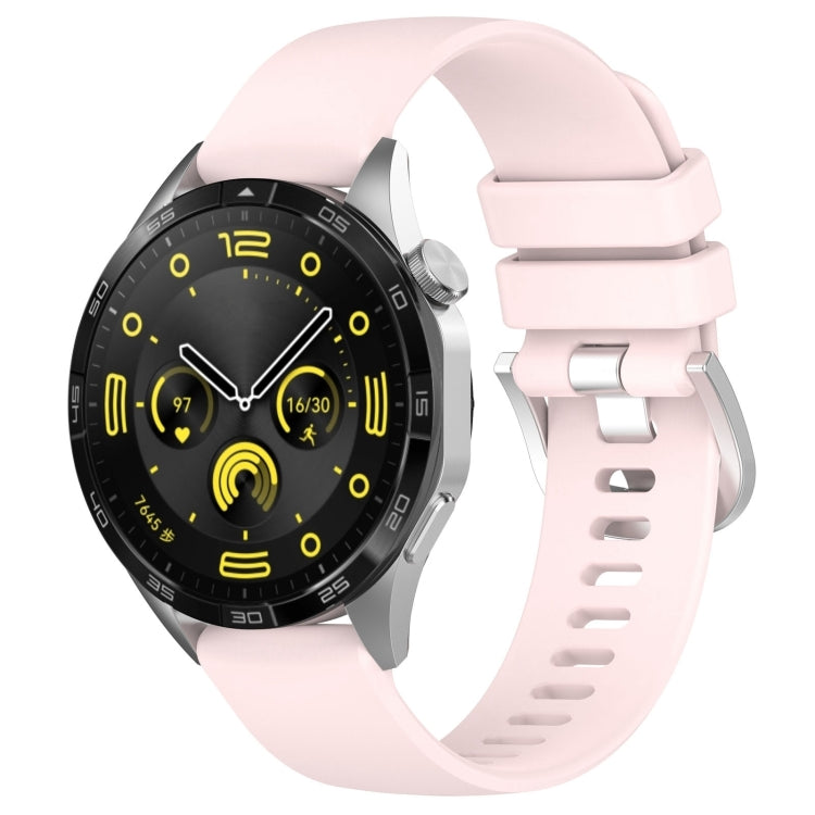 Silicone watch band with silver buckle, light pink glossy finish, vented strap holes.