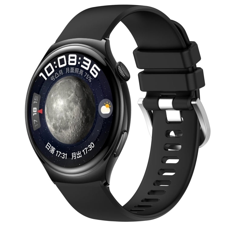 Glossy silicone watch band with silver buckle, black strap with pin holes