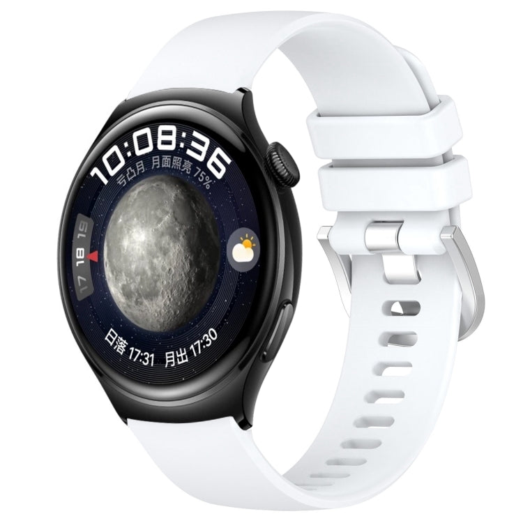Glossy silicone watch band with silver buckle, white strap with pin holes