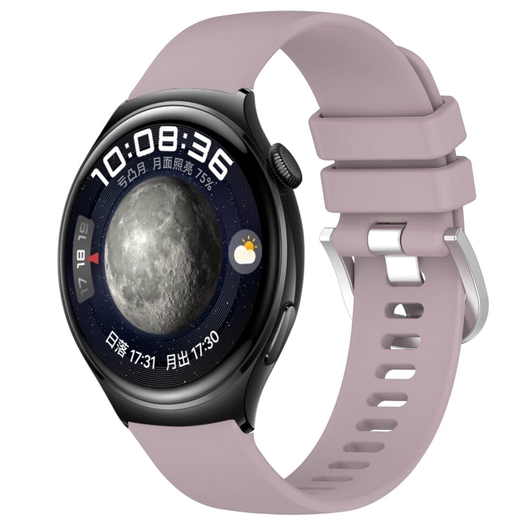 Glossy silicone watch band with silver buckle, lavender purple strap with pin holes